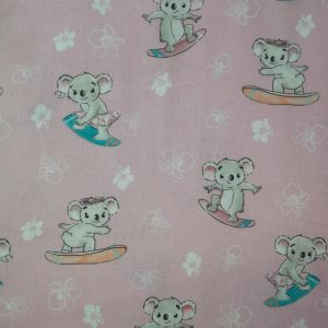 Popeline Katia koala sur planches et fleurs de tiaré