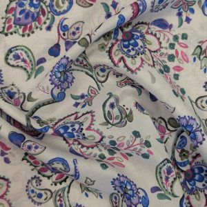 Voile de Coton Blanc Impression Digitale Cachemire Violet