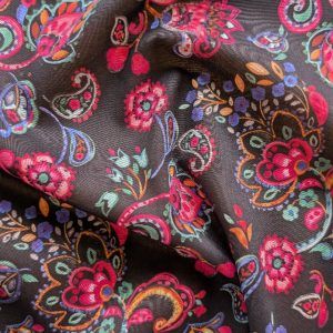 Voile de Coton Noir Impression Digitale Cachemire Rose
