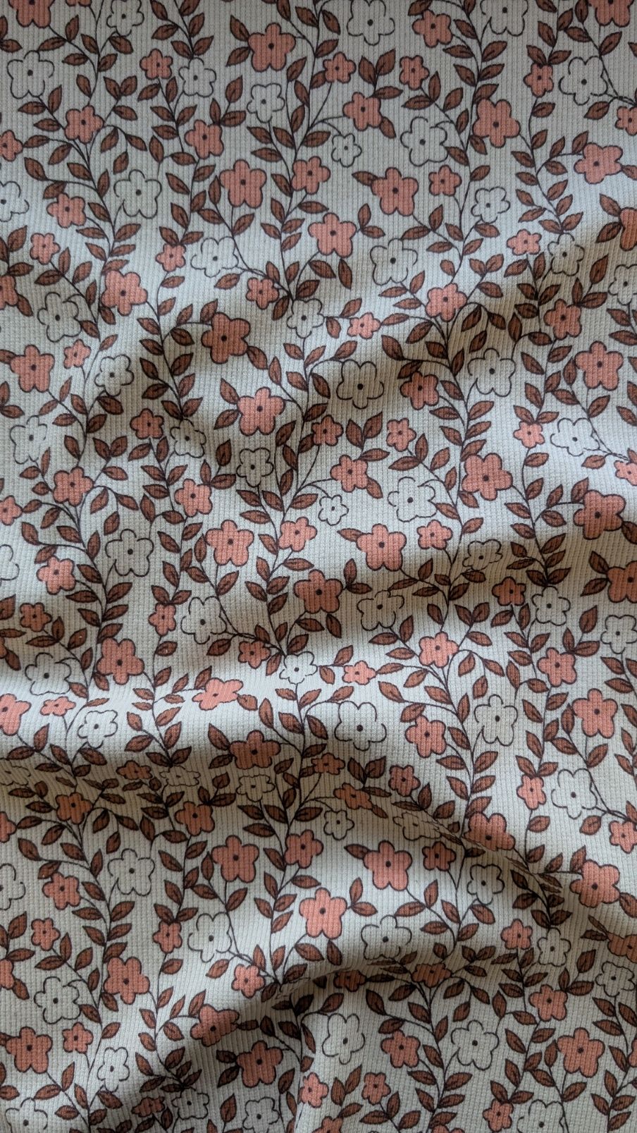 Tissu jersey côtelé fleuri rose marron 95% coton 5% élasthanne