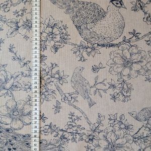 Toile Fleurs et Oiseaux Bleus Fond Beige