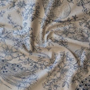 Toile Fleurs et Oiseaux Bleus Fond Beige