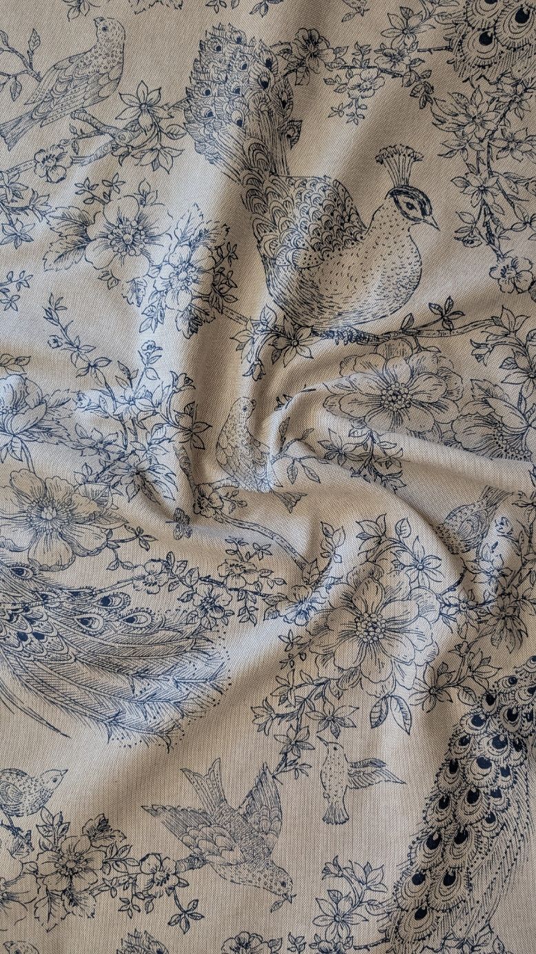 Toile Fleurs et Oiseaux Bleus Fond Beige